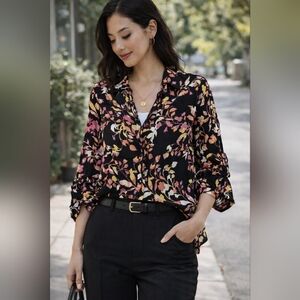 Floral Button Front Boho Romantic Floral Blouse Business Casual Office Shirt